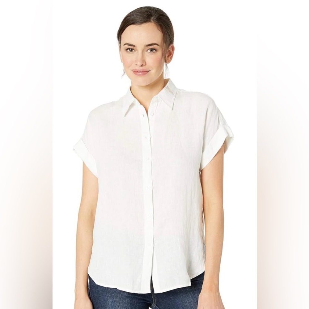 FRAME Creme White Linen Button-Up Top, Size L
